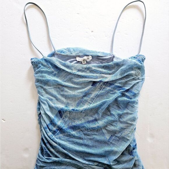 Good American Ruched Denim Patchwork Mesh Overlay Bodycon Midi Dress M - FLAW - Picture 6 of 10